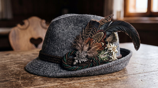 Traditional German Alpine Hat with Feathers and Decorative Cord.