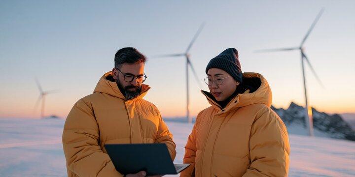 Two engineers in yellow jackets checking a laptop at a wind farm at sunset for sustainable energy project banner and fieldwork background