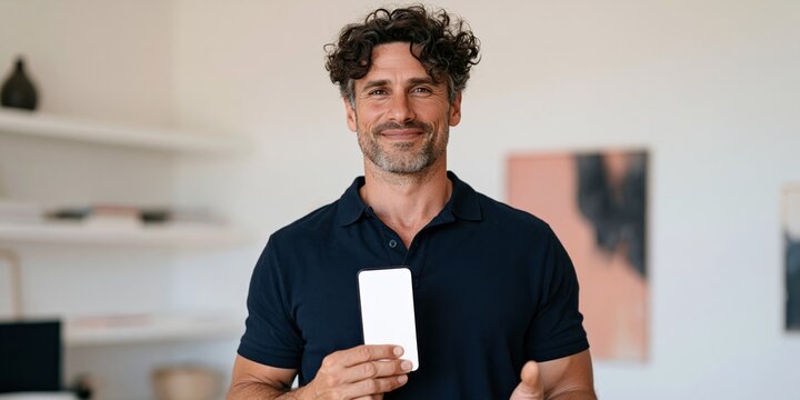 Man holding smartphone blank screen for mobile app mockup portrait background and website profile presentation