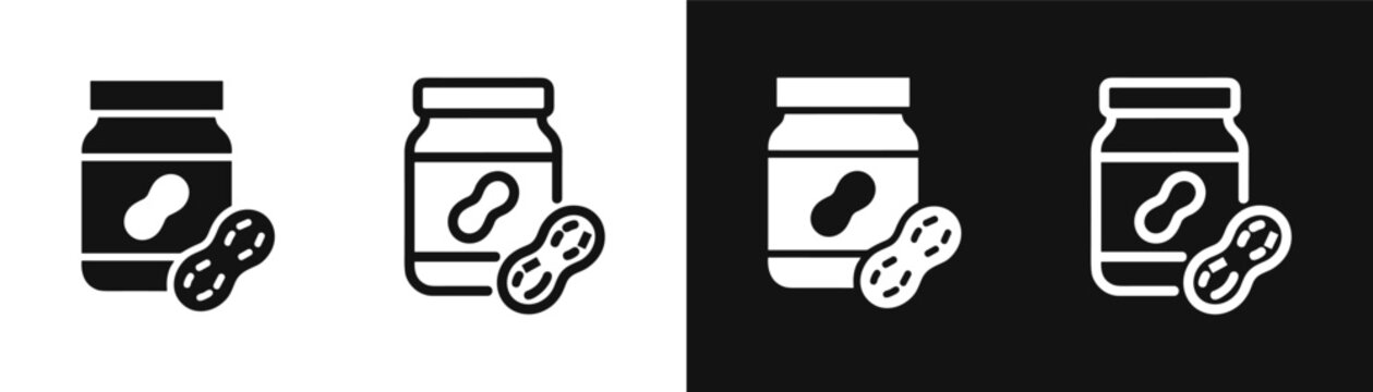 Peanut butter jar and peanut seed line icon set