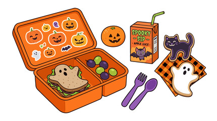 Fototapeta premium Halloween themed lunchbox with spooky treats and apple juice