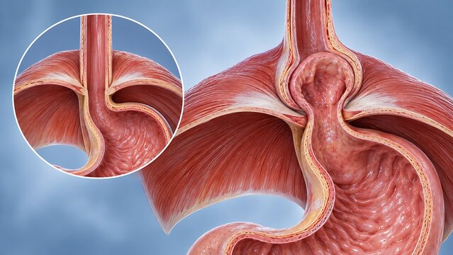 Hiatal hernia with stomach protrusion through the diaphragm