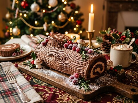 Christmas Yule log cake on festive holiday table decoration