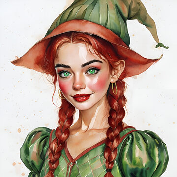 Festive Christmas elf with braided red hair and green outfit, rendered in a vibrant digital‑illustration style blending holiday charm, fantasy character design and cheerful seasonal atmosphere