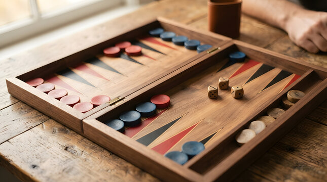 Open wooden backgammon board with checkers and dice on a rustic table
