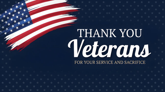 Thank you veterans graphic with American flag and patriotic blue background