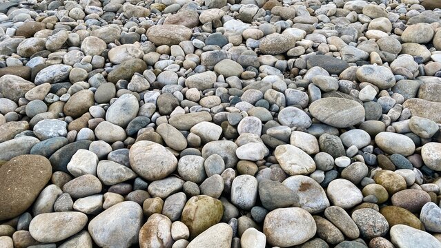 Natural Smooth River Stones and Pebbles Covering a Rocky Riverbank