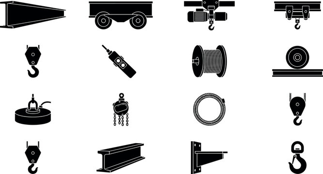 Cranes, Pulleys, and Lifting Equipment Icons Set, Industrial Machinery Illustration, Construction Equipment Design.