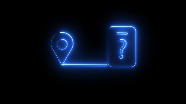 Neon map pin connected to mobile phone with question mark on black background motion video