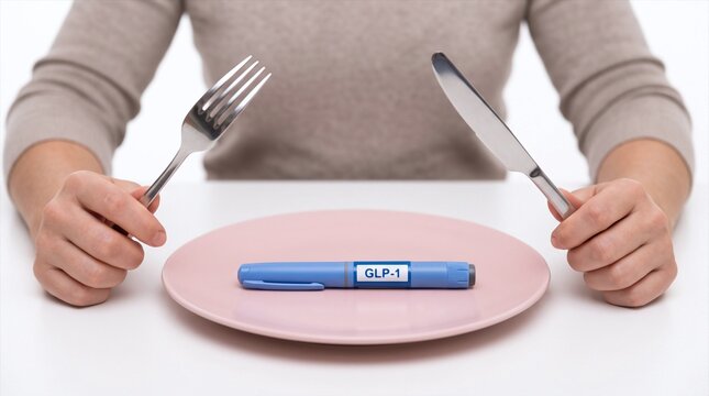 glp-1 weight loss injection pen served on an empty pink plate with hands holding a fork and knife.