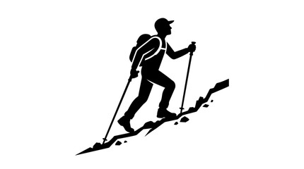 Fototapeta premium Silhouette of hiker skiing downhill with trekking poles on snowy mountain slope