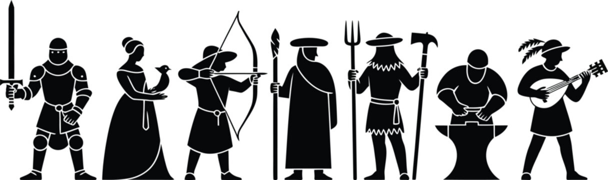 Set of medieval character silhouettes featuring a knight with a sword, archer, blacksmith at an anvil, and a musician, isolated on white background
