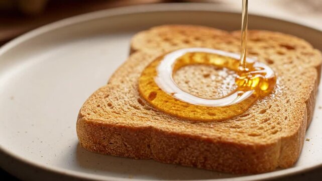 Honey drips onto a slice of toasted bread resting on a matte ceramic plate under warm morning light.