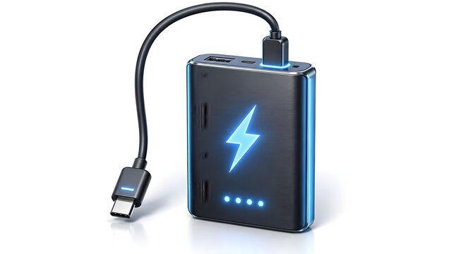 3D portable black power bank with glowing blue lightning icon and USB-C cable for mobile device fast charging on white background.