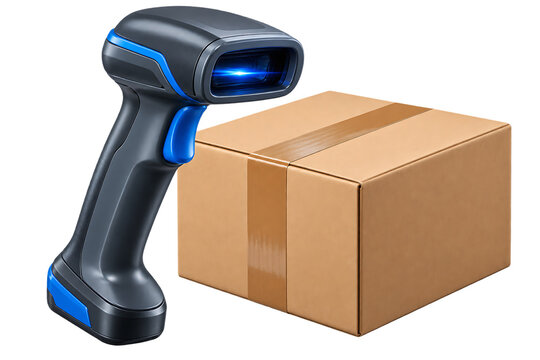 Barcode scanner and cardboard box for shipping isolated on transparent background