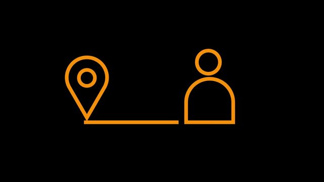 Navigation pin icon animation with user profile symbol outline on dark background footage