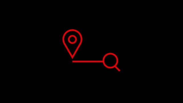 Red navigation pin icon connecting to magnifying glass on black background in motion design