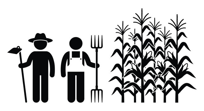 Farmers with tools and cornfield depicted as a black silhouette