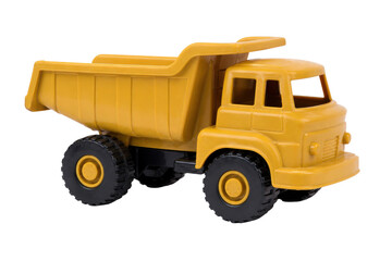 Bright yellow plastic toy dump truck with black wheels, viewed from a slightly elevated angle on a clean white background © Chinases