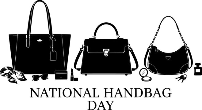 National Handbag Day vector illustration collection set of designer tote bag shoulder purse crossbody with makeup lipstick keys sunglasses silk scarf black silhouette isolated on white background