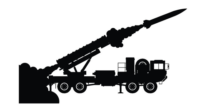 Military missile launcher vehicle depicted in a stark black silhouette