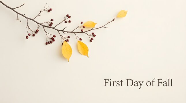 Minimalist first day of fall design featuring a delicate branch with yellow leaves and small berries isolated on white background
