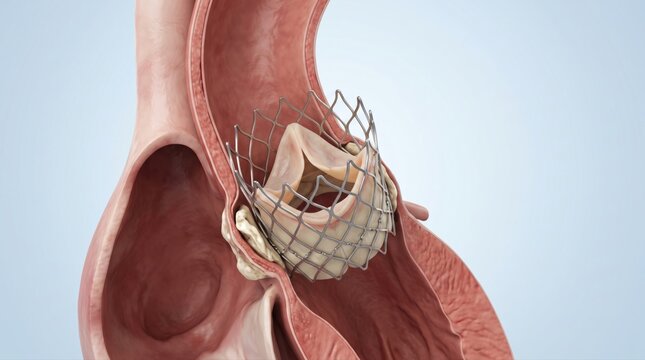 Transcatheter aortic valve shown deployed within the native valve in premium clinical CGI with clear cardiac interaction on a clean pale blue cardiology background.