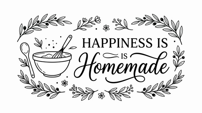 Happiness Is Homemade Inspirational Kitchen Quote Graphic with Whisk and Bowl Design