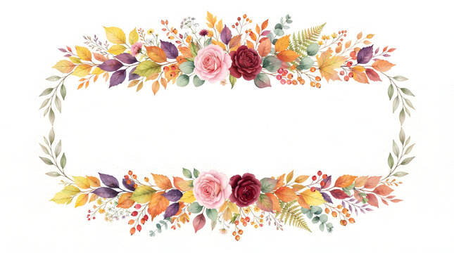 Watercolor floral frame with autumn leaves and roses on a white background