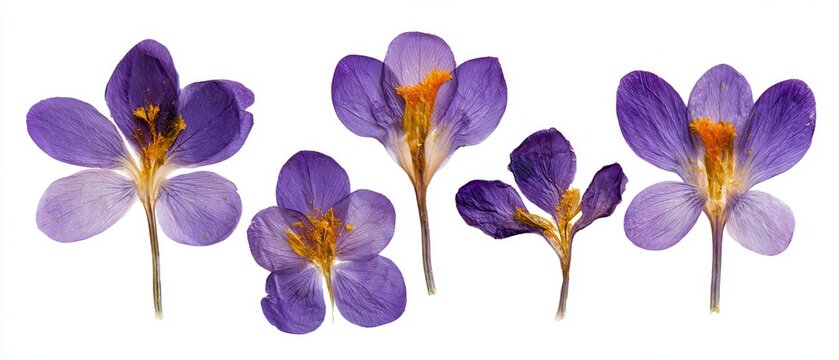 Pressed purple crocus flowers, flat lay herbarium style, isolated on pure white background