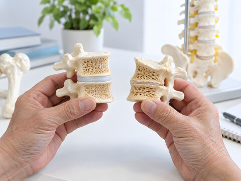 Older Asian hands comparing healthy vertebra and compressed vertebral fracture models for osteoporosis awareness