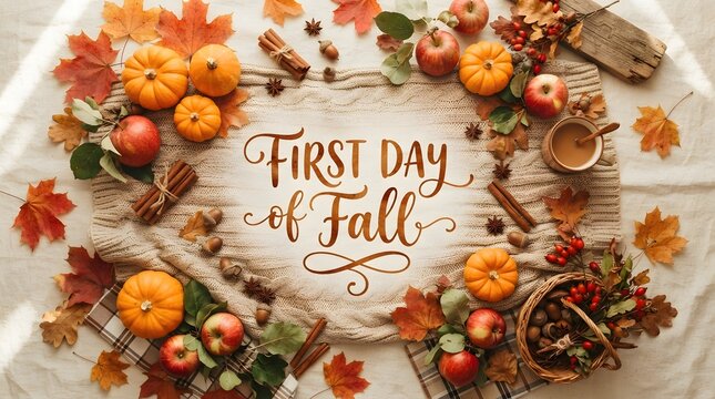 Flat lay composition with pumpkins, apples, cinnamon sticks, and autumn leaves on a knitted blanket with first day of fall text