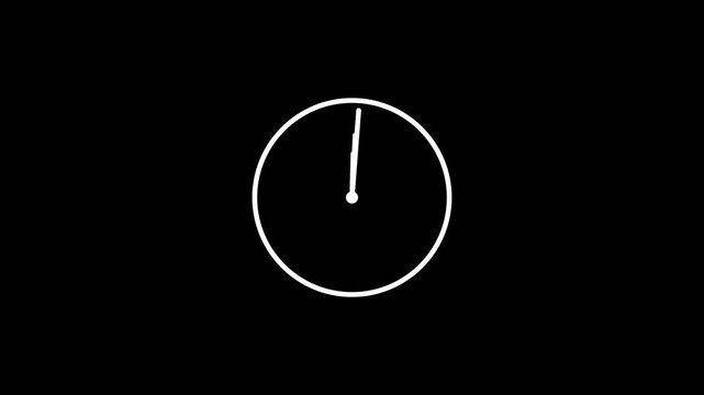 White clock icon with moving arrows in 12 hour loop. Stopwatch animation on black background.