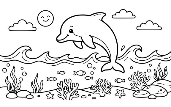 Untitled design Cute Dolphin Underwater Ocean Scene Coloring Page Illustration