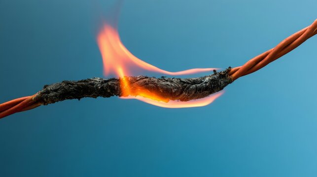 Electrical short circuit causing burnt wires and electrical failure, showing damaged power cables with signs of overheating, fire hazard, unsafe wiring, home safety and accident prevention.
