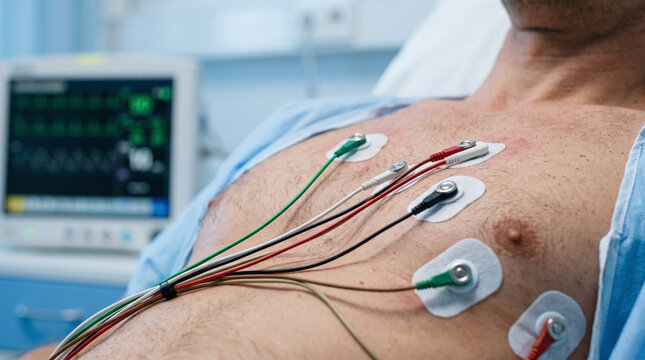Close up of ECG electrodes on male patient chest. Heart monitoring with electrocardiogram equipment in hospital. Medical diagnostic test
