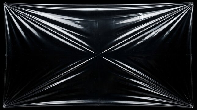 Transparent polyethylene plastic wrap texture with glossy wrinkles and reflections stretched tightly against a dark black background
