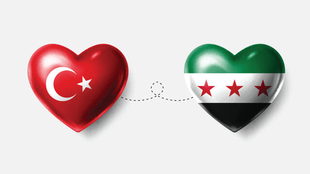 Turkey and Syria flags inside glossy hearts with connection line