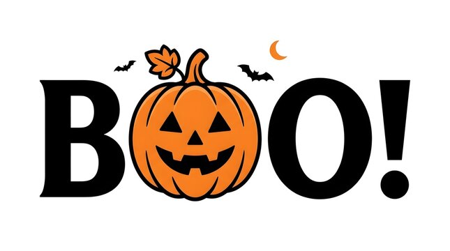 A retro style halloween illustration shows a classic jack o lantern with the spooky word boo in large bold typography