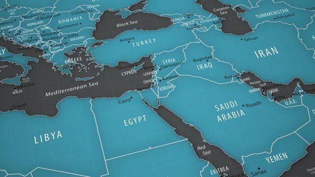 Israel on the political map of the Middle East with smooth camera movement