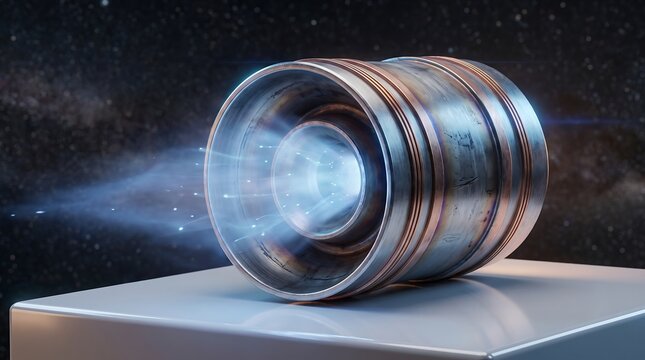 Futuristic metallic cylindrical engine with copper rings and glowing blue core on pedestal, advanced propulsion device concept in outer space background with stars and nebula technology theme
