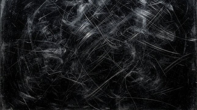 Heavy scratched glass texture with distressed abrasive marks on black background for vintage industrial overlay design.