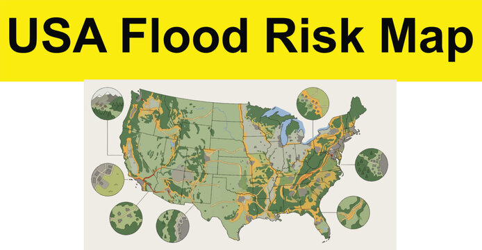 USA flood risk map with detailed regional landscape illustrations showing diverse terrain profiles.