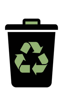 Minimalist recycling bin icon with a chasing arrows symbol in a solid black silhouette on a white background for an environmental sustainability concept