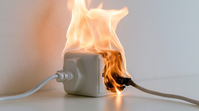 Burning electrical adapter connected to wall receptacle on white background, showing short circuit failure and burnt wire with smoke and fire hazard, unsafe electricity and home safety concept.