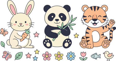 Obraz premium Cute Cartoon Animal Vector Character Set with Baby Bunny Panda and Tiger for Nursery Prints Children Books and Birthday Card Designs