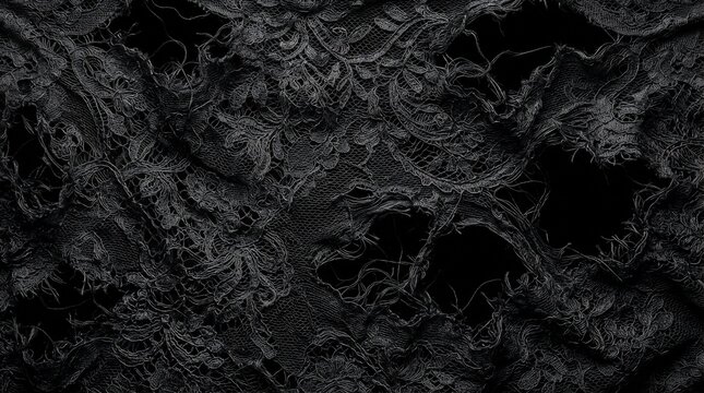 Torn black lace fabric texture with intricate floral patterns and frayed edges for gothic or vintage background design.