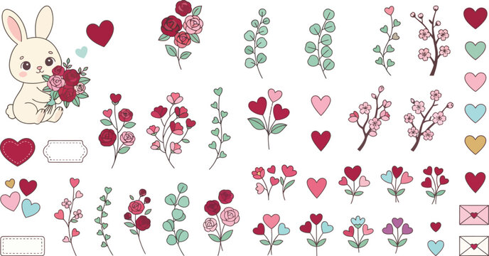 Cute Bunny and Floral Vector Elements Set with Roses Hearts Leaves Cherry Blossom Branches and Love Envelopes for Valentine Day Card Designs