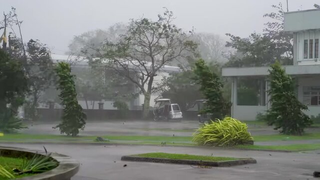 A typhoon with violent winds mercilessly battering a building or house.