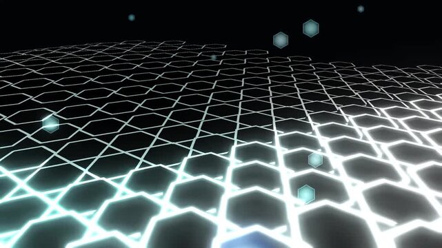 Futuristic glowing hexagon grid, digital neon honeycomb landscape. Abstract technology data network, synthwave aesthetic background for sci-fi motion graphics.